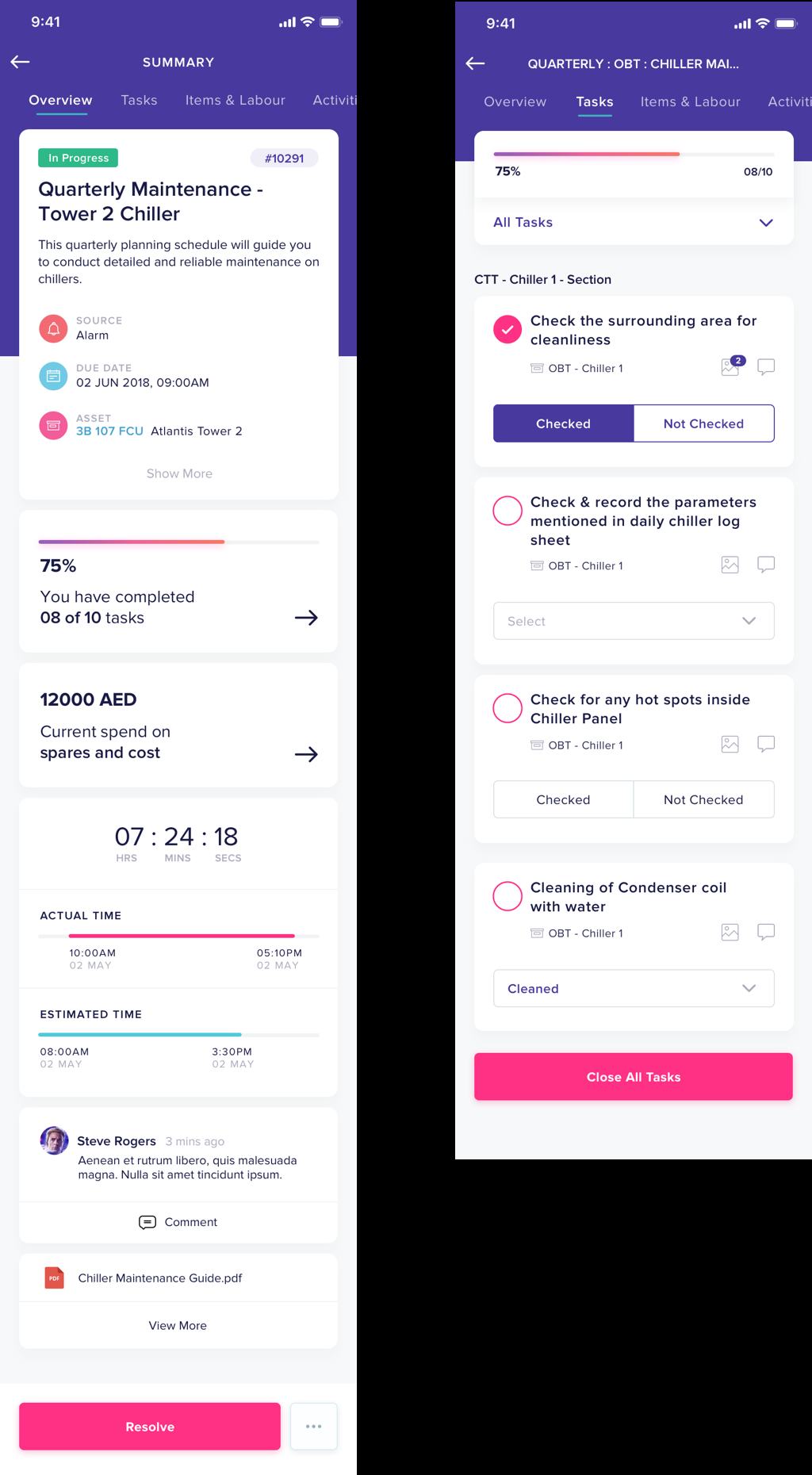 Technician mobile app screens with task progress and checklists