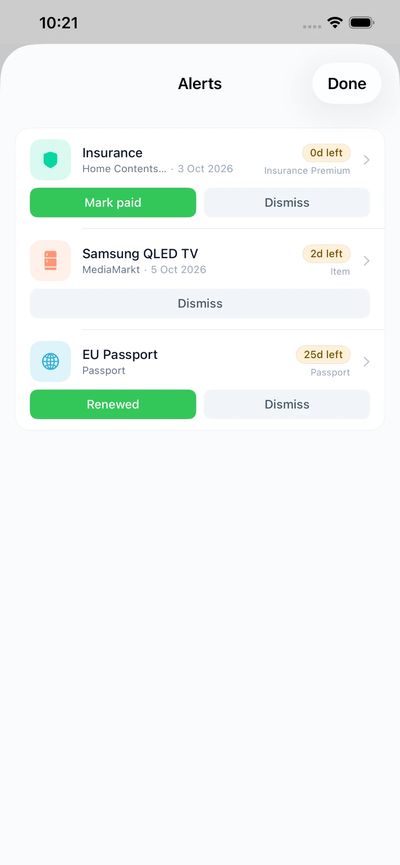 Kelto alerts screen with mark paid and dismiss actions